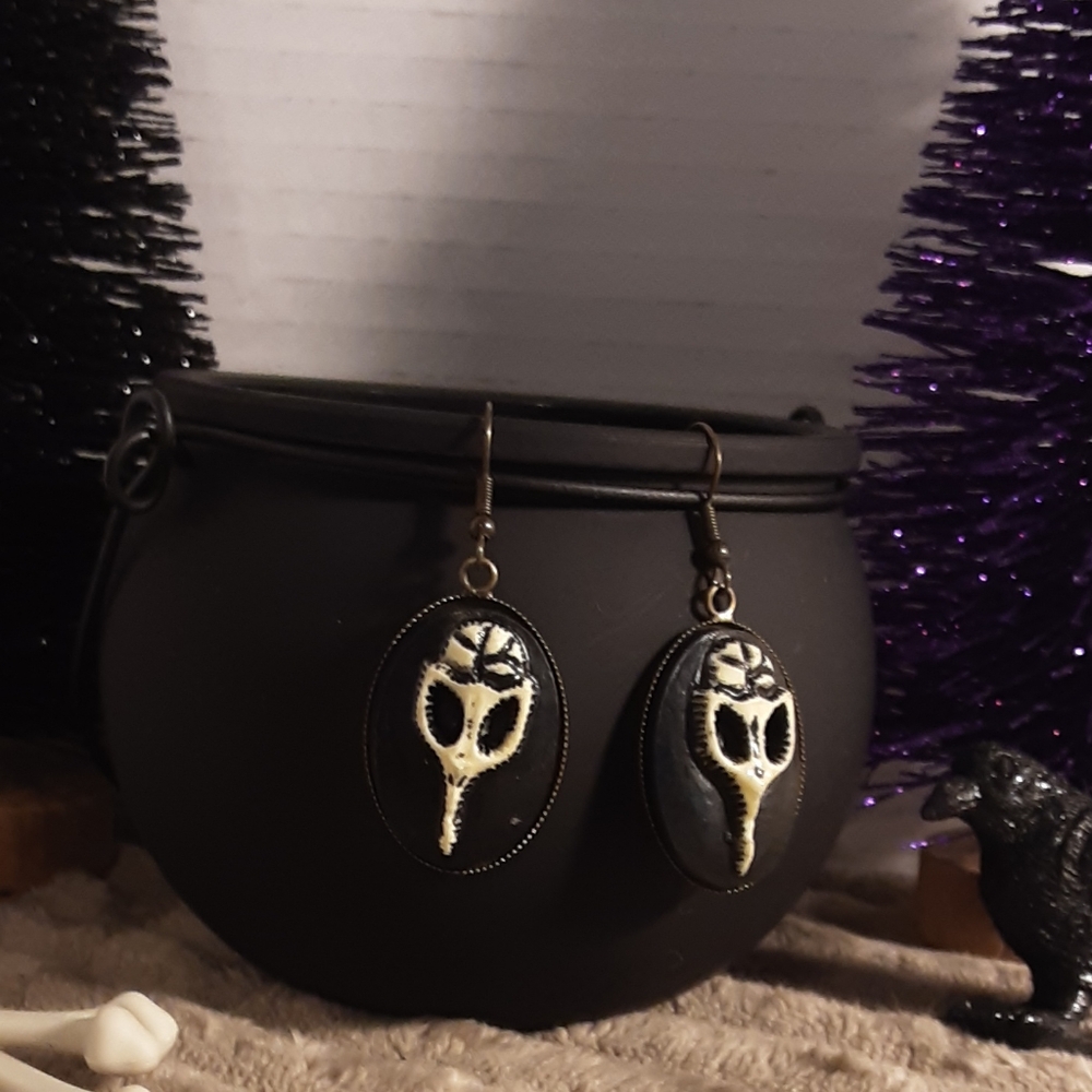 Hand Crafted Cameo Style Crow,Earrings Raven Skull Punk,Black Ivory Pierced